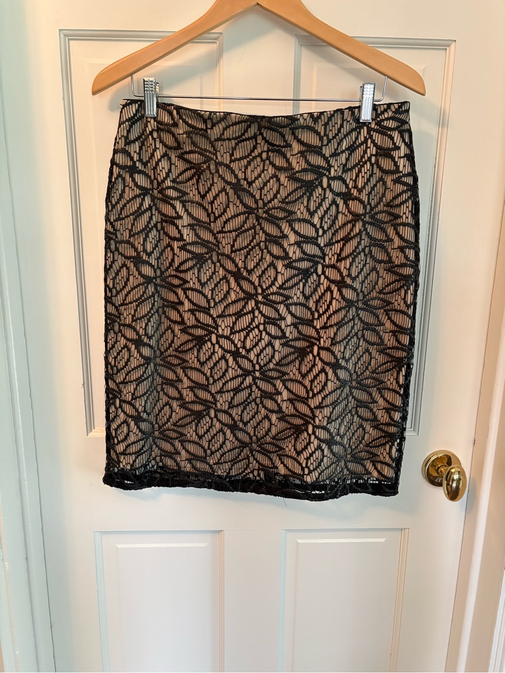 Ann Taylor Black Lace Overlay Pencil Skirt with Nude Lining